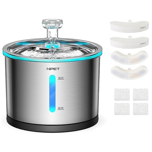 NPET WF210 Cat Water Fountain Stainless Steel, 50oz/1.5L Dishwasher-Safe Pet Water Fountain Ultra Quiet Automatic Cat Water Dispenser with Light for Cats Inside (4 Filters+Fountain(with Adapter))