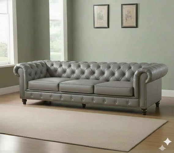 Image of A to Z Furniture Classic 3+2=5 Seater Sofa Set Luxury Chesterfield Leatherette Sofa in for Home Living Room & Office (3+2=5 Seater Sofa Grey)