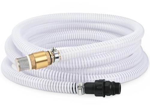FLUENTPOWER 23FT x 1 Suction Hose Kit with Brass Fitting Check Valve and NPT 1 Thread Water Intake Hose Set Aspiration Hose for Well Shallow Sprinkler Garden Booster Pump White