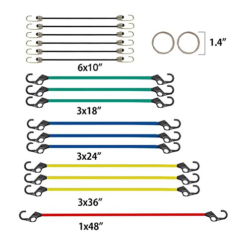 Xstrap Standard Premium Bungee Cords With Finger-Hole Hooks Heavy Duty Outdoor - 18 Pcs Bungee Cords Assorted Sizes Includes 10'', 18", 24", 36", 48" And 2 Steel Rings For Garbage Can Motorcycle Tent #TOP1