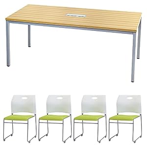 【法人専用】 LOOKIT 会議用テーブル セット 4人用 幅1800mm 天板：ナチュラル×チェア：ホワイト×グリーン GLM-1890H-S11