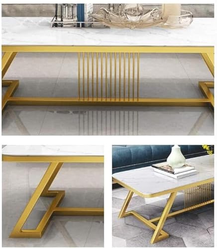 Image of Marble-Look Rectangular Coffee Table with Engineered Wood Top & Heavy-Duty Metal Frame Premium Center Table for Living Room & Office Easy DIY Assembly (90 x 45 x 45 cm) (White Gold)