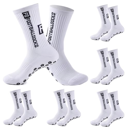 Werfunee 5 Paare Football Socks Fußball Socken Fußballsocken für Herren Damen Kinder Anti Rutsch Grip Socken Fussball (DE/NL/SE/PL, Numerisch, 35, 38, Regular, Regular, Weiß)
