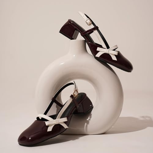 Image of JM LOOKS Women's Glossy Buckle Strap Mary Jane Block Heel with Bow Detail