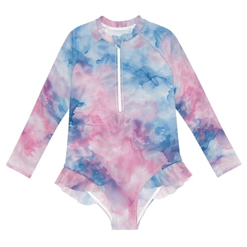 ALAZA Swimsuit for Girls Long Sleeve Rashguard Bathing Suit Pink Blue Tie Dye Quick Dry 4T