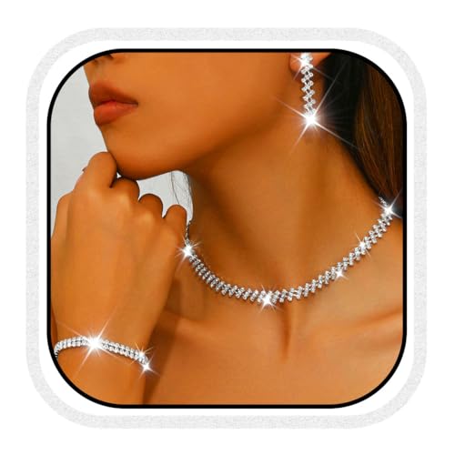Unicra Rhinestone Bridal Wedding Jewelry Sets Silver Necklace Earrings Bracelet Set Prom Formal Costume Jewelry Set for Women and Brides
