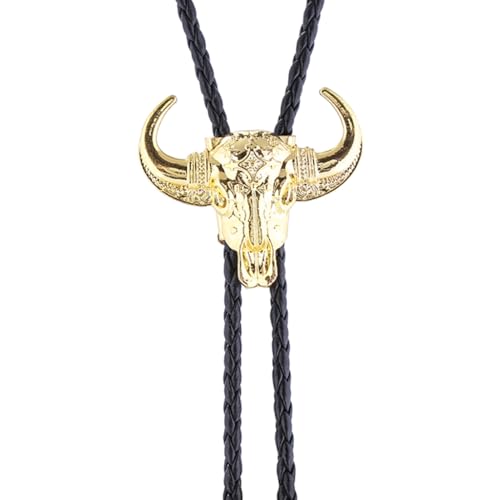 Image of GelConnie Longhorn Bull Bolo Tie for Men Native American Western Cowboy Leather Necktie Bolo Necklace for Women Gold Texas