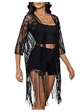 MakeMeChic Women's Lace Sheer Fringe Kimono Hollow Out Top Open Front Long Sleeve Beach Cover Up Black Medium