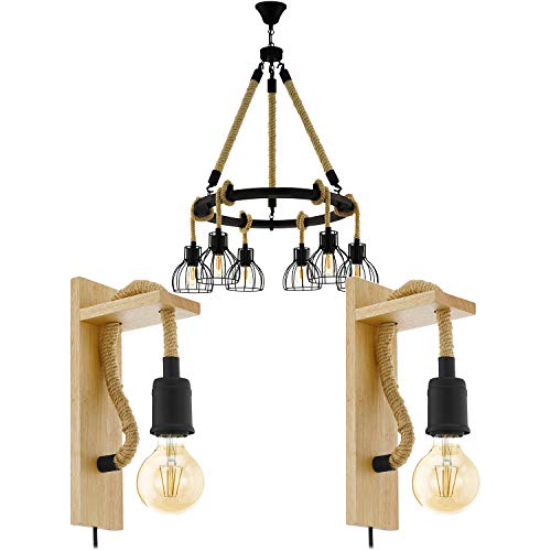 Image of 6 Bulb Ceiling Pendant & 2X Matching Wall Lights -Black Rope Trendy Feature Lamp - Hanging Drop Adjustable Height Lamp Living Room Set Kit
