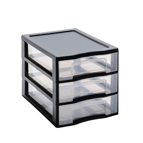 SUNDIS Tag Tower, cassettiera plastica, 3 cassetti A6 trasparenti, altezza 17 cm, impilabile, ideale per riporre cosmetici, gioielli, accessori e materiali di consumo
