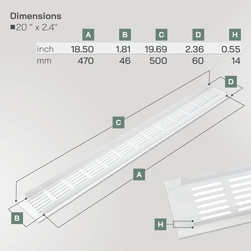 Vent Systems Grille d'aération rectangulaire en aluminium blanc pour porte d'admission/d'échappement de 50 x 6 cm (taille extérieure) – CVC pour amélioration de la maison, revêtement de conduit mural – vue 2