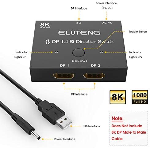 ELUTENG 8K Displayport Switch, Bidirectional Displayport Splitter Converter DP 1.4 Switch 8K @ 60Hz, 4K @ 120Hz, DP Switcher 1 to 2/2 in 1 out with LED indicator for PC Laptop Monitor Projector TV