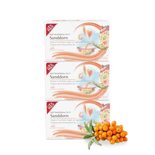 H&S Sanddorn mit Vitamin C und Selen, 3 x 20 Beutel (à 2,5 g): Früchte-Kräuter-Tee mit wertvollen Zusatzstoffen, 3er Pack