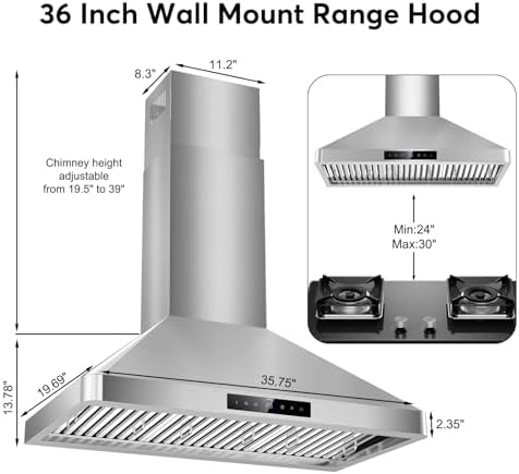 36 Inch Wall Mount Range Hood, 900 CFM Kitchen Hood with 4-Speed Fan, Ducted/Ductless Convertible, Gesture & Touch Control, Stainless Steel Stove Vent Hood with Adjustable LED and Auto Delay Shut-Off — view 8