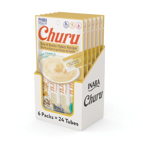 Image of INABA Churu Cat Treats, Grain-Free, Lickable, Squeezable Creamy Puree Cat Treat /Topper with Vitamin E & Taurine, 0.5 Ounces Each Tube, 24 Tubes (4 per Pack), Tuna with Bonito Flakes Recipe