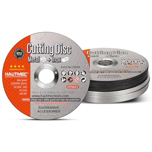 HAUTMEC Metal Cutting Discs 125 X 1.0 X 22.23mm, 10 Pack Cutting Discs for Angle Grinder with Portable Tin Box, EN12413 & MPA Certified, Expert Ultra Thin Cut-Off Wheels for Steel & Metal - HT0431
