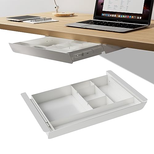Gaxomo White Under Desk Sliding Pull-out Drawer with Pencil Tray and Slide Storage Tray, 17'' long & 13.5'' deep Large Organizer for Sit Stand Workstation…