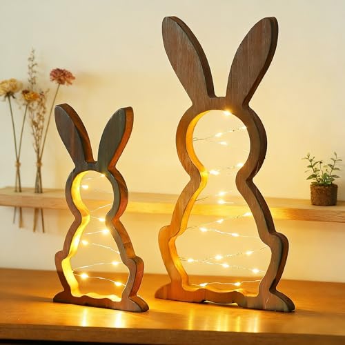 2 Stück LED Osterhase Holz