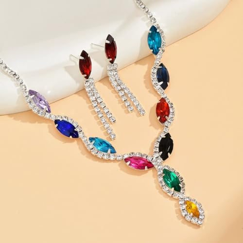 Janiasly 3 Pieces Crystal Rhinestone Jewelry Set Elegant Y-Shape Necklace with Drop Earrings Marquise Cut Stones Multi-Color Gemstone Costume Statement Party Accessories (Multicolor) by Janiasly - Used condition - Image 3