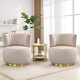 SLEERWAY 360° Swivel Barrel Chair Set of 2, Modern Velvet Round Accent Chair, Comfy Upholstered Small Armchair with Gold Metal Base for Living Room Bedroom Nursery Office Sillas para Sala, Beige