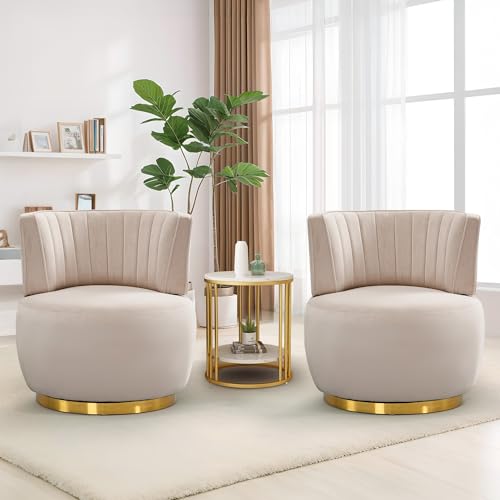 SLEERWAY 360° Swivel Barrel Chair Set of 2, Modern Velvet Round Accent Chair, Comfy Upholstered Small Armchair with Gold Metal Base for Living Room Bedroom Nursery Office Sillas para Sala, Beige