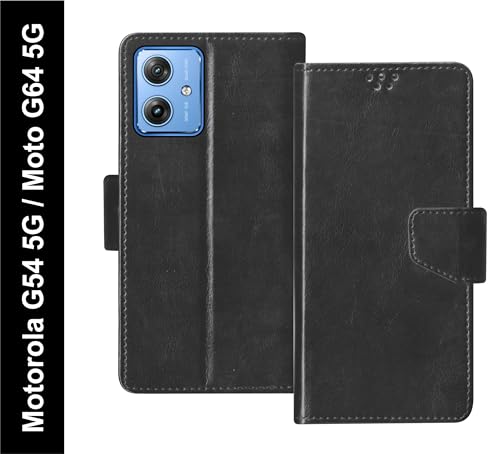 Image of SBMS Flip Cover for Motorola Moto G64 5G / G54 5G Back Cover Case with Magnatic Closure | Inbuilt Stand | Card & Money Pocket (Black)