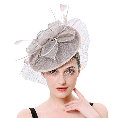 Hiary Ella Hilary Ella Flax Net Face Veil Feather Fascinator for Women Cocktail Tea Party Derby Wedding Fascinators Hat, Grey, One Size