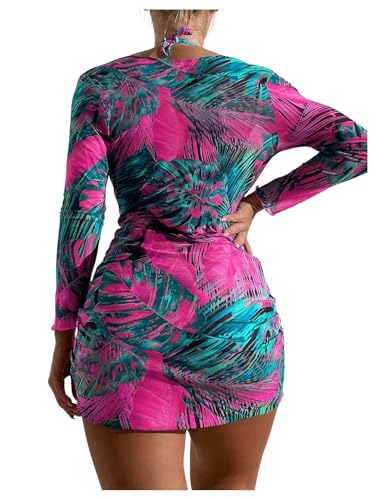 OYOANGLE Women's 3 Piece Swimsuit Floral Print Halter Bikini Set Bathing Suit with Beach Cover Ups2