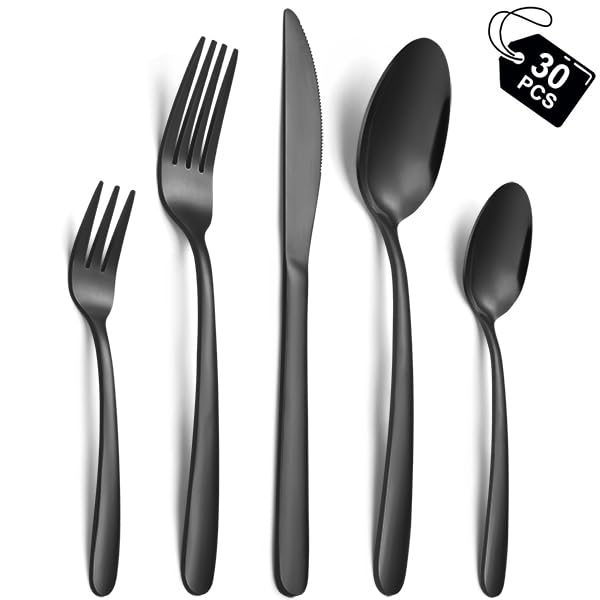 Hunnycook Besteck Set 6 personen, 30 Stück Besteck Schwarz Edelstahl, Schwarzes Besteck mit Gabeln, Löffel und Tafelmesser, geeignet für...