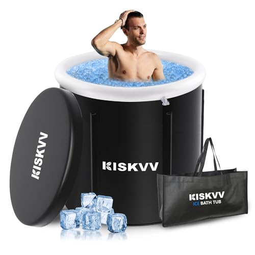KISKVV Eisbad Tonne für Athleten mit Abdeckung, Ø85 x75cm 378L Eisbad Badewanne Tragbare für Kryotherapie, Faltbare Aufblasbare Mobile Badewanne Eisfass Outdoor Indoor
