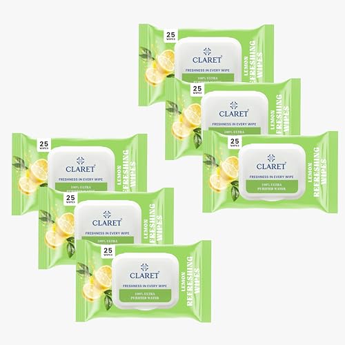 Claret Refreshing Wet Wipes With Natural Lemon Extract For Face & Body | 25 Pulls | 100% Ultra Purified Water | pH Balanced & Alcohol-Free (Pack of 6)