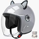Casco Moto Retrò Per Bambini Casco Jet Casco Moto Mezzo Casco Donna Casco Moto Orecchie Di Gatto Casco Moto Adulto Omologato ECE Casco 3/4 Viso Aperto Casco Ciclomotore Viso Aperto