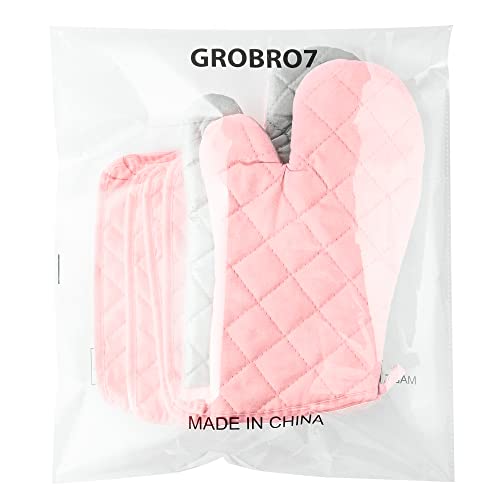 Grobro7 6Pcs Cotton Oven Mitts And Pot Holders Set Heat Resistant Hot Pads Durable Pocket Pot Holder Machine Washable Bbq Gloves With Hanging Loop For Safe Kitchen Baking Cooking Grilling Pink #TOP6