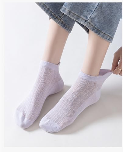 Image of 10 Pairs Candy-Colored Ladies' Short Tube Socks with Mesh, Thin, Breathable, Anti-odor Cotton Boat Socks