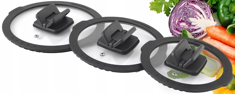 COMODO - Set di 3 coperchi in vetro con anello in silicone, diametro 16/18/20 cm, coperchi in vetro, coperchi, confezione originale