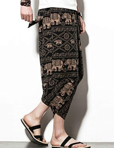 Flygo Men's Ethnic Stylish Drawstring Elastic Waist Loose Fit Baggy Linen Harem Capri Pants3