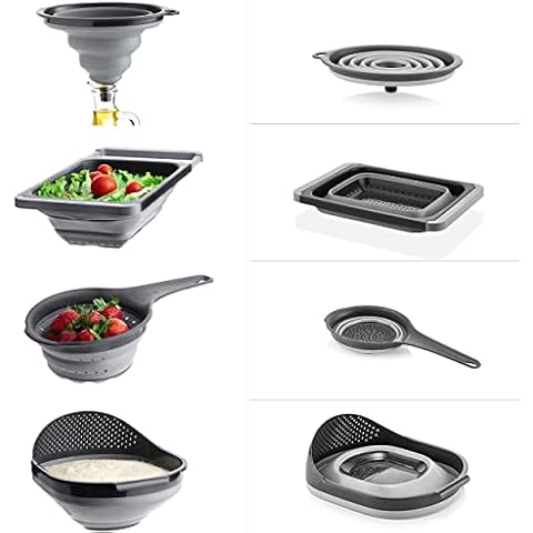 uandu 4er Sieb Set, Nudelsieb, Abtropfsieb, alle Faltbar, Küchen Gadgets, Küchen Zubehör, aus Hochwertigem Silikon & Plastik, Spülbecken Sieb küche, Küchengadget, Camping Küche, Nudelsieb Faltbar Cover