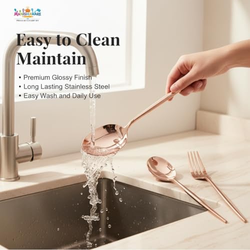 Image of Classic Rose Gold 24 Pcs Stainless Steel Cutlery Set for Dining Table, Dishwasher Safe Glossy Flatware (Perfect Spoon Fork Set)