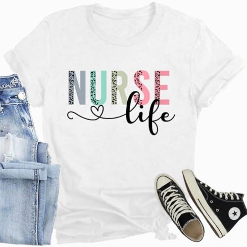 CQF Womens Nurse Shirt Nurse Life Letter Print Short Sleeve Register Nurse Gift Inspirational Tee White