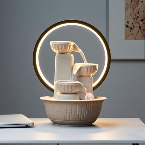 Image of 3-Tier Tabletop Water Fountain with Warm Ambient Light, Cascading Bowl Design, Compact Indoor Desk Decor, 8.3x6.3 inch Indoor Calming Cascading Waterfall Fountain（Cream） (Cream Light Ring)