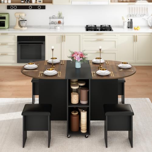 5 PCS Farmhouse Dining Table Set for 4,60" Large Round Folding…