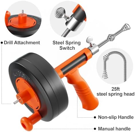 Drain Auger, Drain Snake with Drill Adapter, 25ft Plumbing Snake Heavy Duty Flexible Sink Steel Drum Auger and Drain unblocking Snake, with Work Gloves and Storage Bag - 1