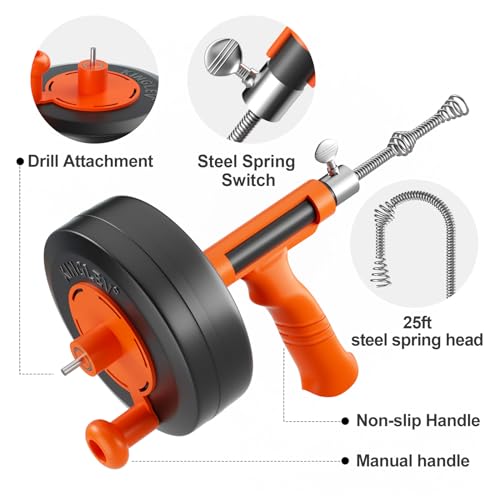 Drain Auger, Drain Snake with Drill Adapter, 25ft Plumbing Snake Heavy Duty Flexible Sink Steel Drum Auger and Drain unblocking Snake, with Work Gloves and Storage Bag by KINGLEV - Image 2