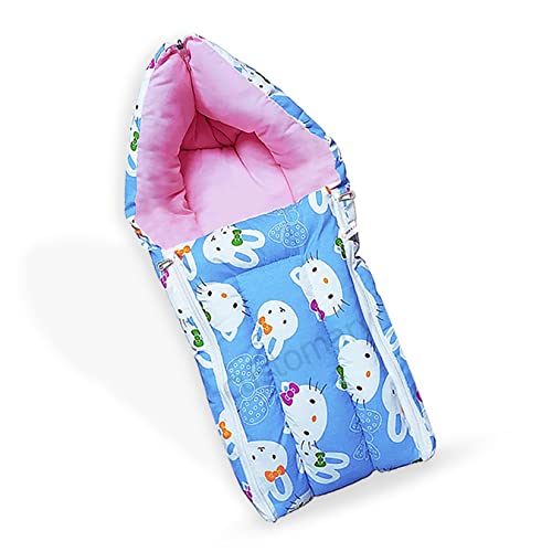 Image of MOM & Son Baby Bedding Set Mattress with Net & Baby Sleeping Bag (0-3 Months) (Sky Kitty & Green)