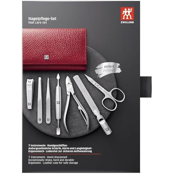 Маникюрный набор ZWILLING (7 предметов, педикюрный набор, дорожный футляр, уход за ногтями, натуральная кожа), полированная нержавеющая сталь, красный