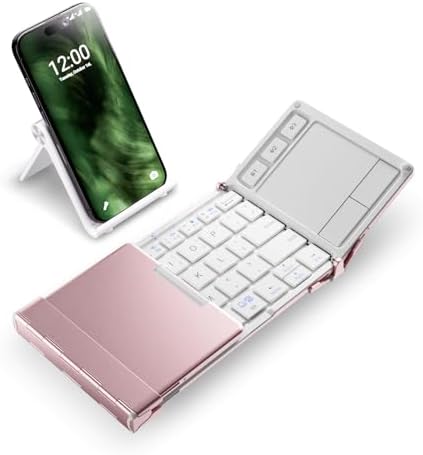iClever BK08 Foldable Keyboard with Touchpad for Phone and Tablet, Pink | Multi-Touch Trackpad, Pocket-Sized, Aluminum Build, 3-Device Bluetooth Switching, USB-C Charging, for Travel and Remote Work