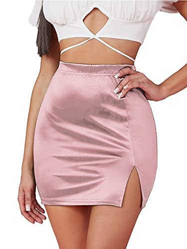 LYANER Women's Satin Silky Elastic Wasit Split Slit Hem Bodycon Short Skirt4