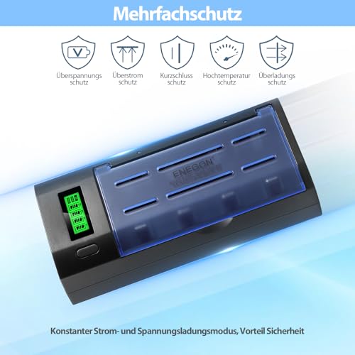 ENEGON Batterie Ladegerät–Universal Akku Ladegerät & Battery Charger für AA/AAA/C/D/9V NiMH/NiCD wiederaufladbare Batterien –mit LCD Display, Entladefunktion und 4 Ladeschächten(Kein Adapter)