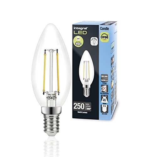 Integral LED 4 PACK E14 Omni-filamento Blanco Frío 4000K, 250LM, 2W (equivalente a 25W) Bombilla Tipo Vela No Regulable - Eficiencia energética e ideal para lámparas y lámparas de araña en salones