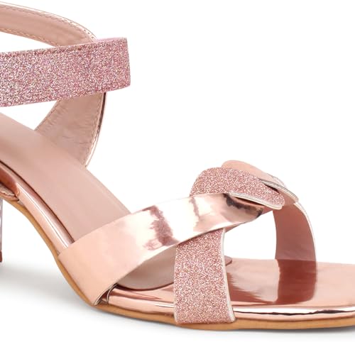 Image of Action Women's Rose Gold Glitter Sandals| Clear Block Heel| Cross-Strap Design with Ankle Strap Bronze